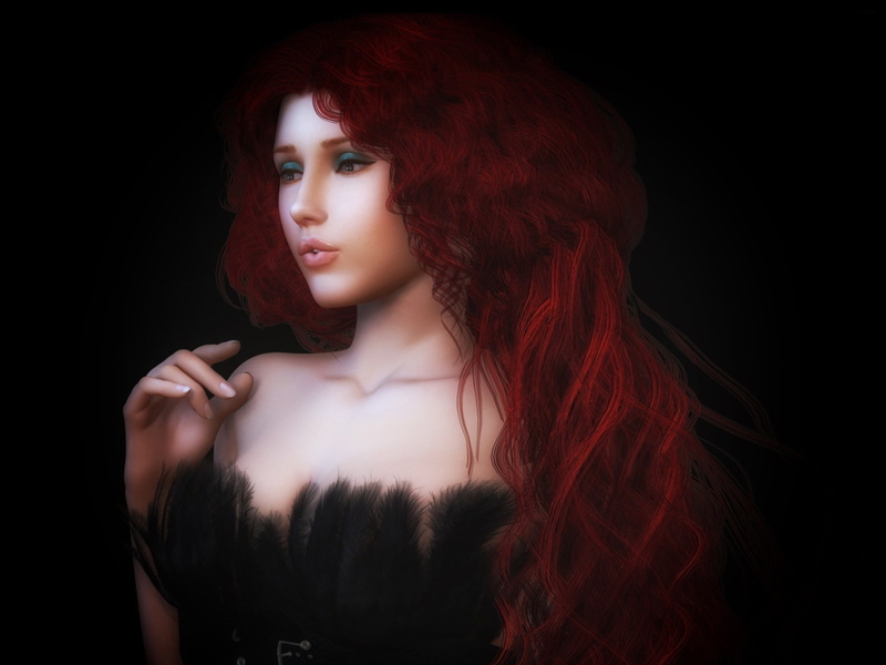 Feathers, Rendering, Hair, Girl, Red, Beautiful, Dress, Curls, 1080P