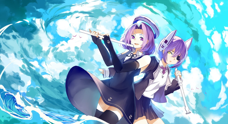 eye patch, females, blue, front view, three quarter length, Tenryuu (KanColle), purple hair, anime girls, lifestyles, water, young women, swimming pool