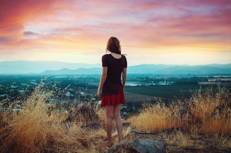 girl, elbow, sleeve, black, outfit, s, shirt, view, skirt, landscape, 1080P, women, red