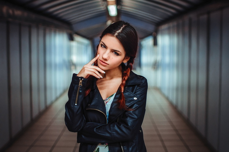adult, real people, indoors, leather, looking at viewer, young women, 1080P, jacket, beautiful woman, waist up, young adult, leather jackets, Delaia Gonzalez