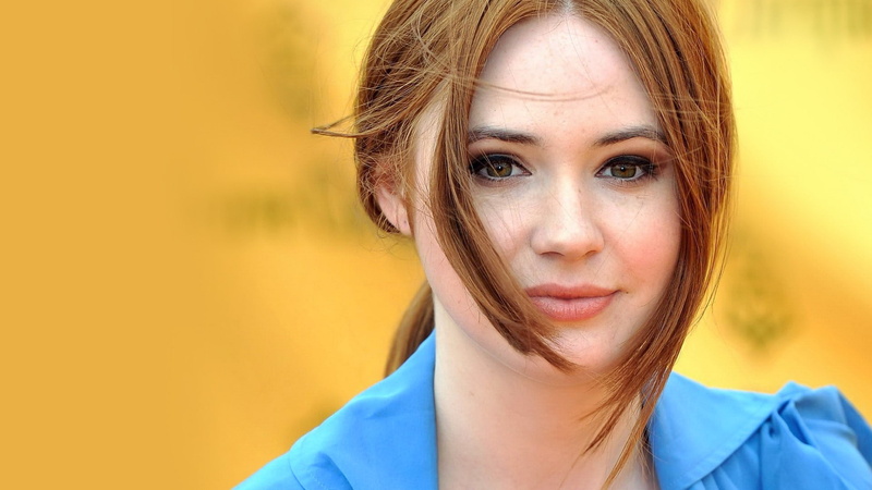 1080P, hair in face, yellow background, model, smiling, closeup, redhead, women, Karen Gillan, face