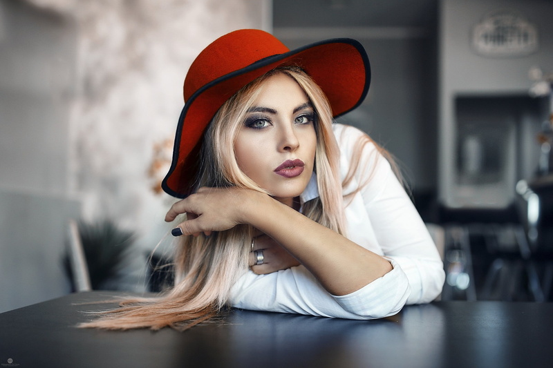 adult, contemplation, blonde, sitting, hairstyle, black nails, Alessandro Di Cicco, blond hair, real people, face, table, portrait, young adult, one person