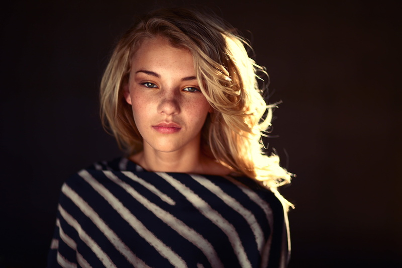 blond hair, black background, young adult, beauty, model, contemplation, freckles, young women, hairstyle, blonde, one person, 2K, looking at camera, striped