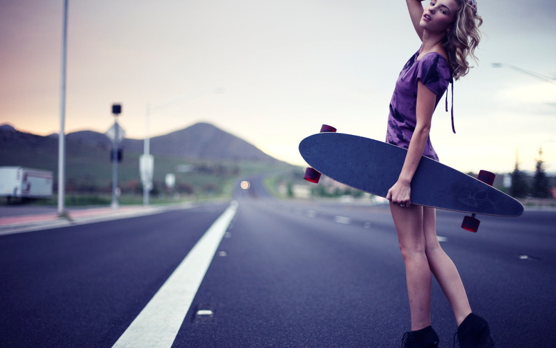 one person, long, skateboard, full length, purple dresses, street, looking at viewer, sky, board, black, back, hairstyle, young women, depth of field, blonde
