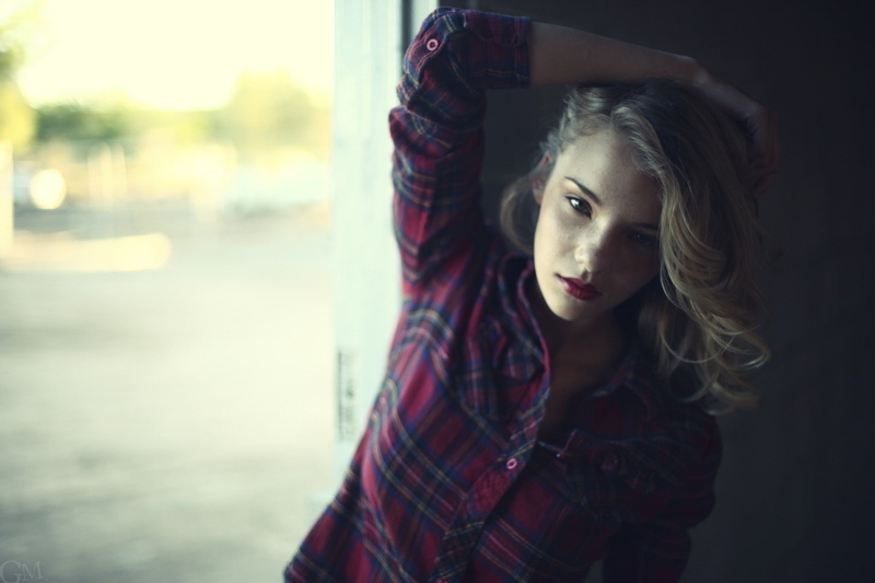 1080P, arms up, red lipstick, plaid, shirt, freckles, blue eyes, blonde, Garrett Meyers, Rachel Ann Yampolsky, plaid shirt, women