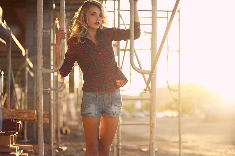 jean shorts, Rachel Ann Yampolsky, curly hair, women, model, 1080P, blonde, shirt, plaid shirt, long hair, red lipstick, legs, construction site, rachel yampolsky