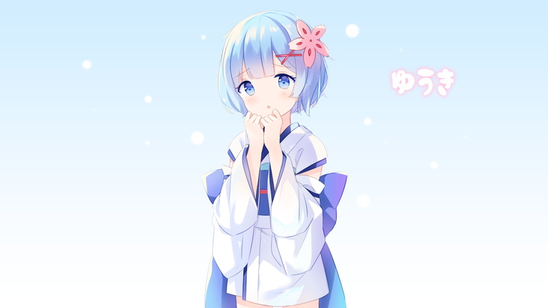 worried expression, one person, women, childhood, kimono, re: zero, representation, blue, innocence, rem, sky, copy space, nature, studio shot, waist up