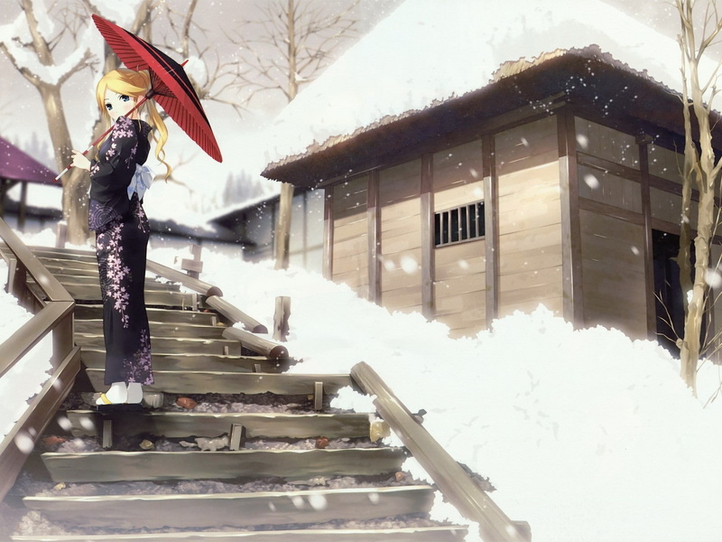 Sayonara Zetsubou Sensei, anime, umbrella, stairs, traditional clothing, 720P, snow, anime girls