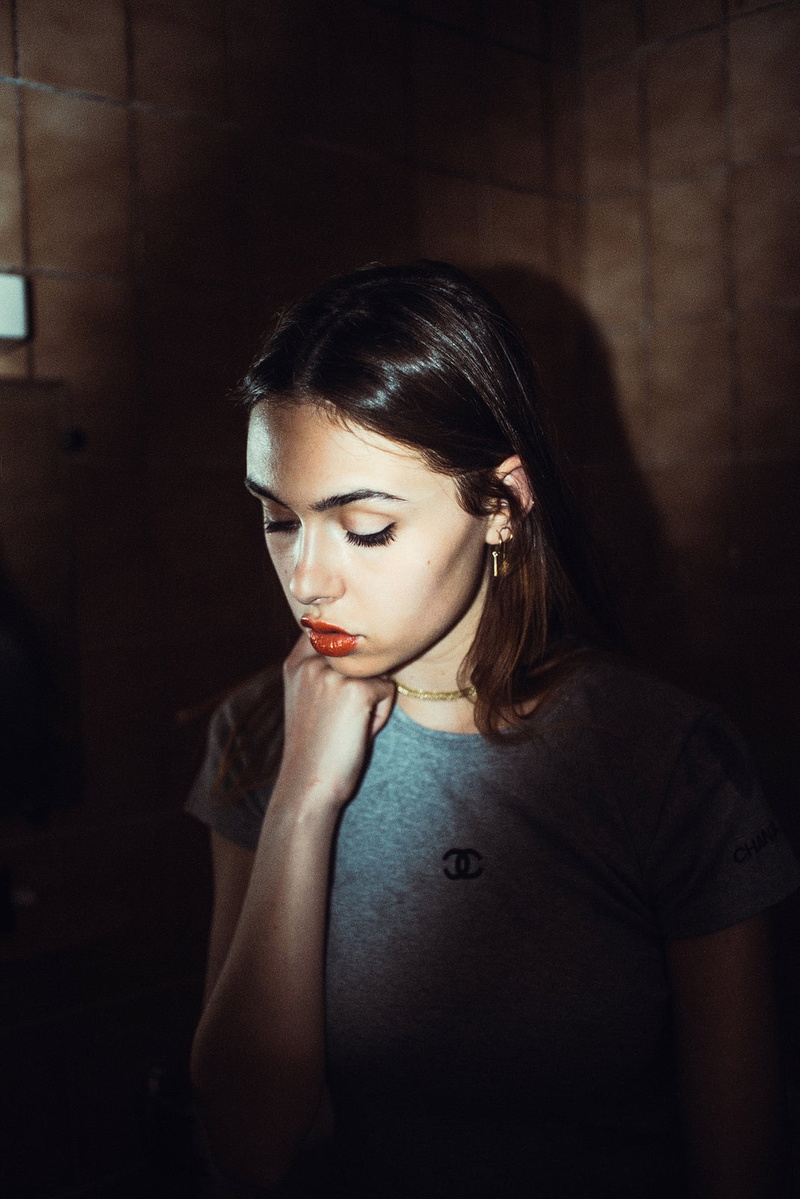 headshot, looking down, one person, beauty, portrait, women, sadness, hairstyle, emotion, brunette, hair, adult, 720P, dark, indoors, brown hair, contemplation