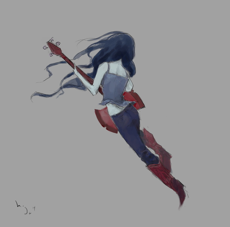 jumping, vitality, full length, Marceline the vampire queen, adult, hairstyle, motion, side view, musical instrument, long hair, music, 1080P, indoors