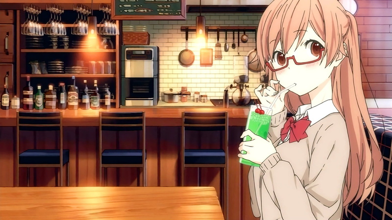 drink, Tanaka-kun wa Itsumo Kedaruge, long hair, anime girls, 1080P, glasses, tie, Shiraishi, food, anime, fruit