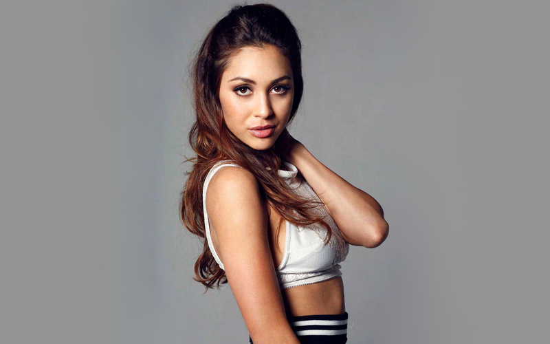 gray background, Lindsey Morgan, brunette, actress, closeup, 2K