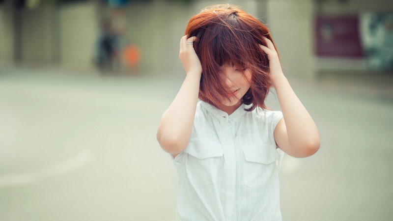 emotion, contemplation, one person, obscured face, redhead, hairstyle, waist up, front view, real people, smiling, sadness, closed eyes, short hair, white tops