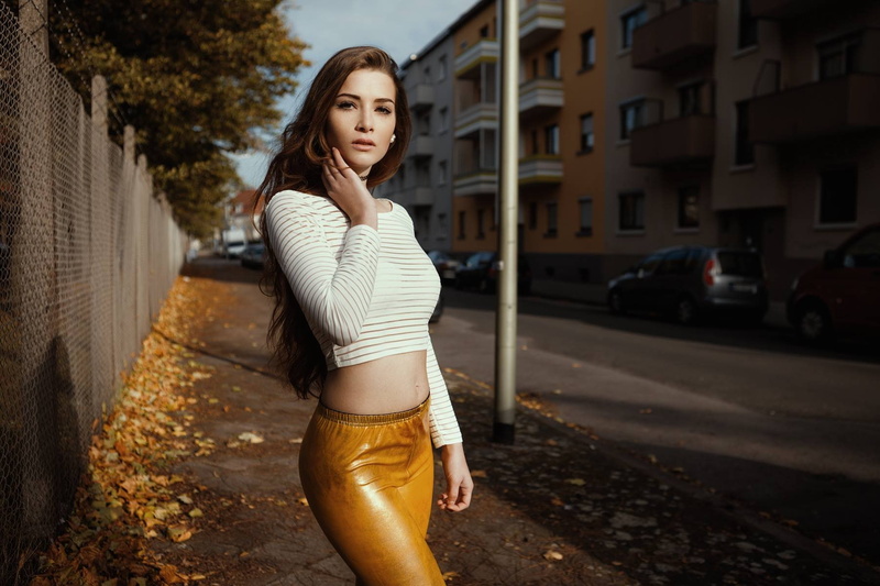 leaves, choker, women, belly, brunette, sensual gaze, model, Marco Günter, long hair, looking at viewer, women outdoors, urban, 500px, sweater, street