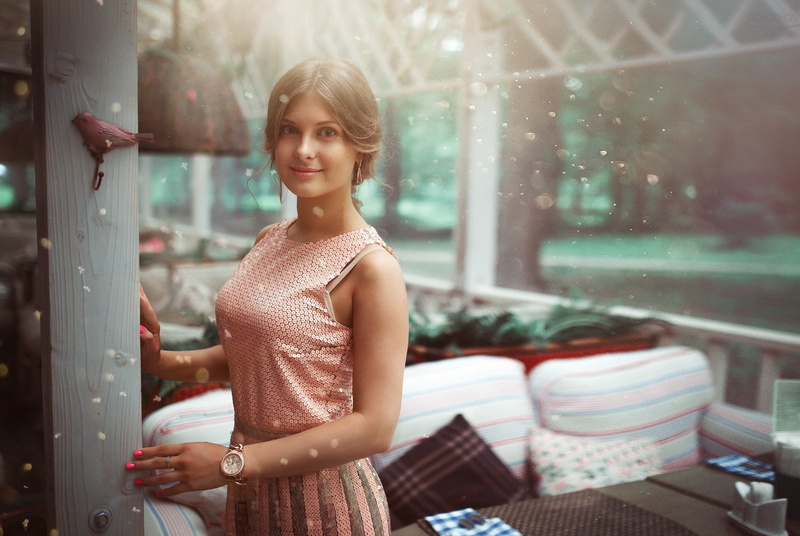 beauty, adult, pink nails, one person, watch, looking at camera, young women, pink dress, portrait, brown hair, clothing, standing, hairstyle, Ivan Gorokhov
