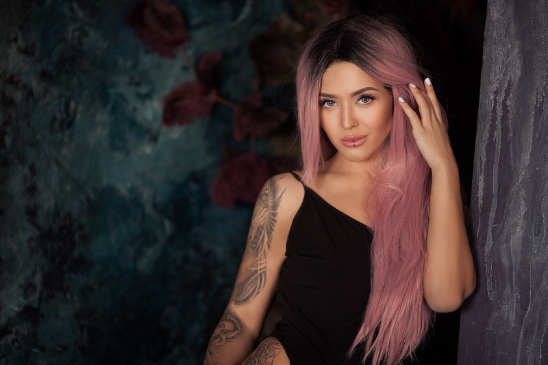 tanned, portrait, long hair, hair, hairstyle, monokinis, contemplation, waist up, young adult, fashion, looking at camera, indoors, dyed hair, front view