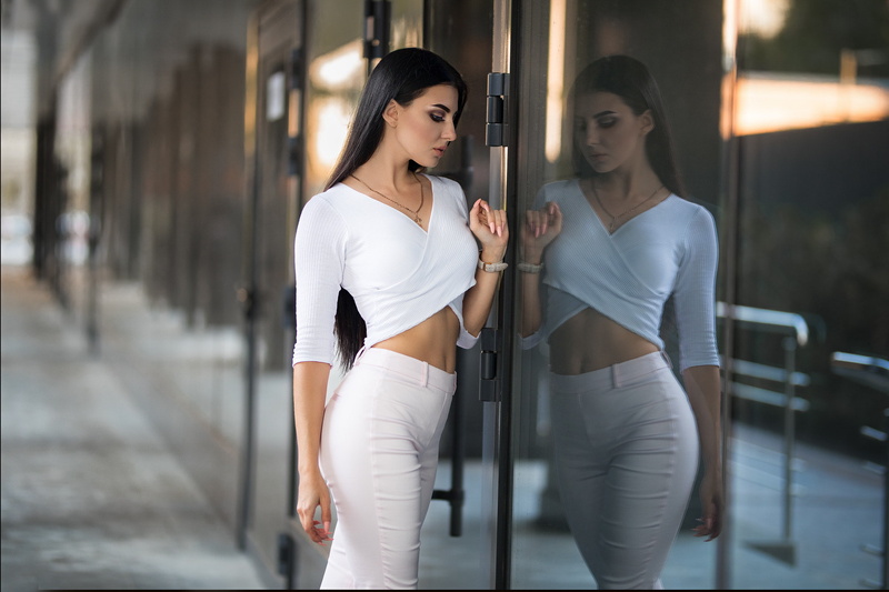 women, belly, white  pants, Dmitry Sn, portrait, white clothing, black hair, glass, 1080P, necklace, reflection, long hair, pink nails
