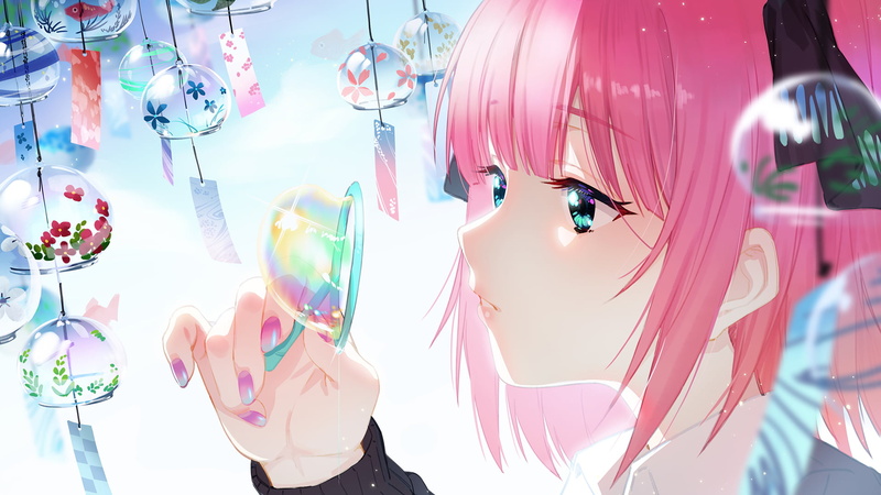1080P, pink nails, Nakano Nino, bubbles, pink hair, anime girls, aqua eyes, anime