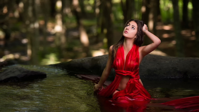 Water, 1080P, Dress, Girl, Red, halter