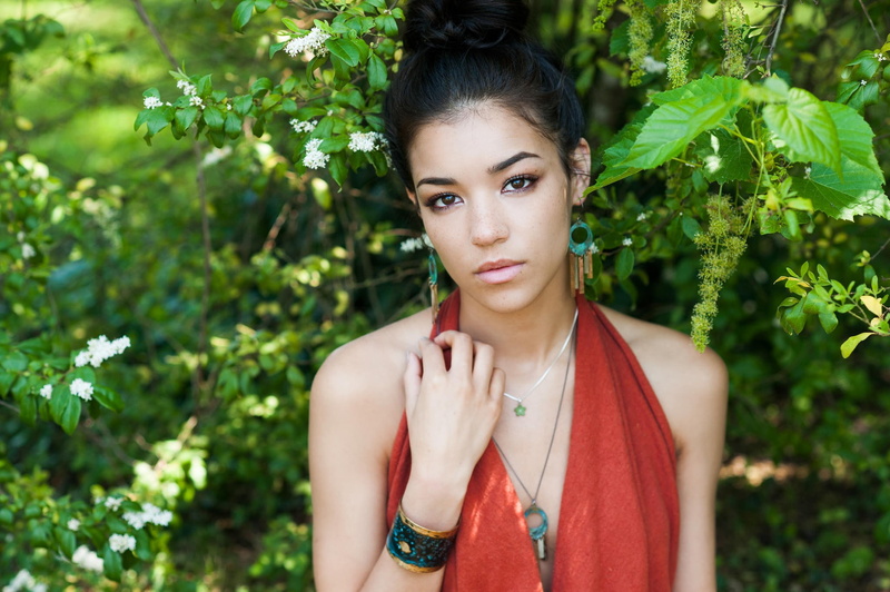 brown eyes, hairbun, 1080P, freckles, women outdoors, halter top, black hair, women