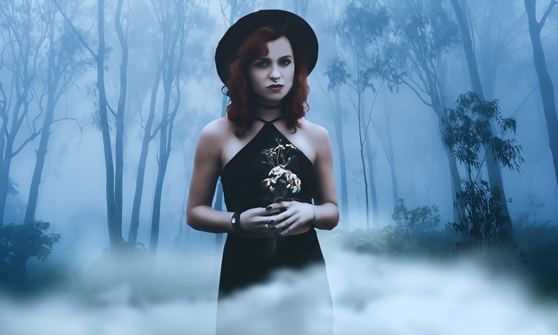 adult, outdoors, mist, one person, plant, strap, black hat, beauty, waist up, wearing, dark, 2K, lifestyles, tree, gothic girl, hat, looking, dark romantic