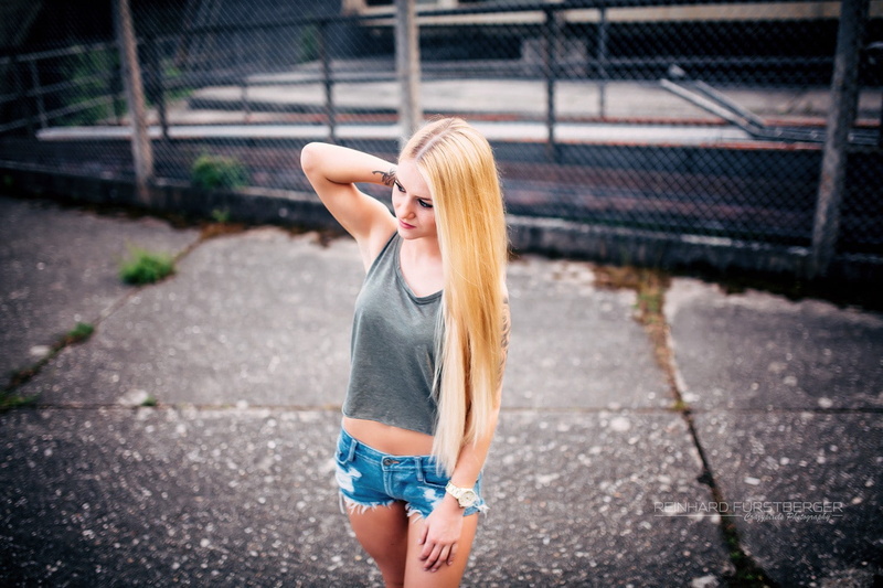 long hair, blonde, Reinhard Fürstberger, looking away, portrait, women, tattoo, T-shirt, hands on head, jean shorts, 720P