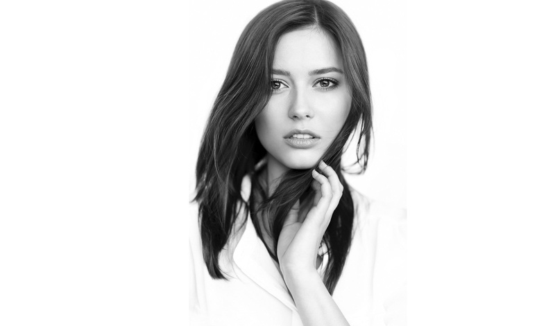 brunette, simple background, 1080P, looking at viewer, portrait, white  background, women, Katya, monochrome, face