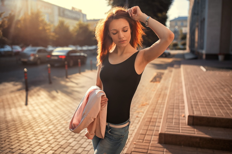 model, adult, jeans, black, young adult, nature, beauty, Dmitry Shulgin, redhead, 1080P, depth of field, Black top, outdoors, city, one person, beautiful woman