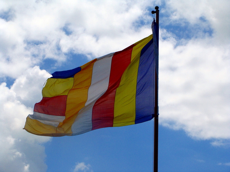 low angle view, flag, red, cloud - sky, india, religious, outdoors, multi colored, wind, Mundgod, freedom, tibetan settlement, independence, no people