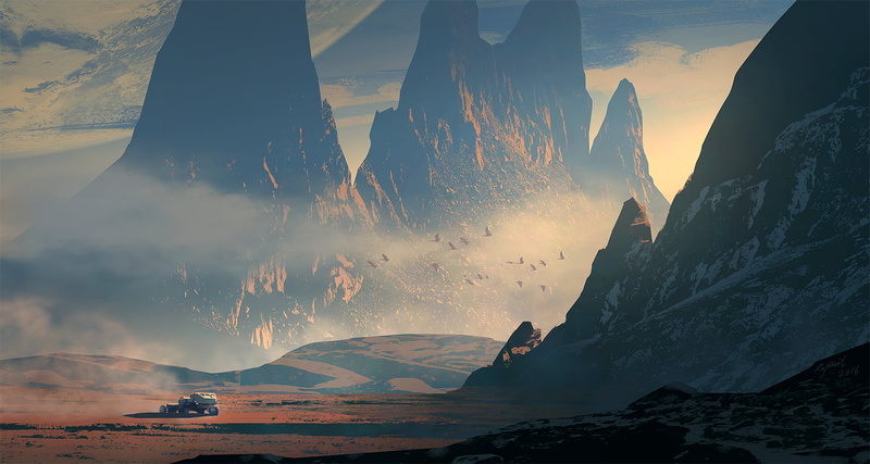 digital art, lunar rover vehicle, science fiction, landscape, mist, 1080P, desert, planet, birds, artwork, snow, mountains