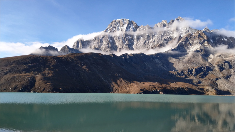 scenics - nature, nepal, cloud - sky, outdoors, snowcapped mountain, nature, water, mountain range, cold temperature, lake, day, gokyo, beauty in nature