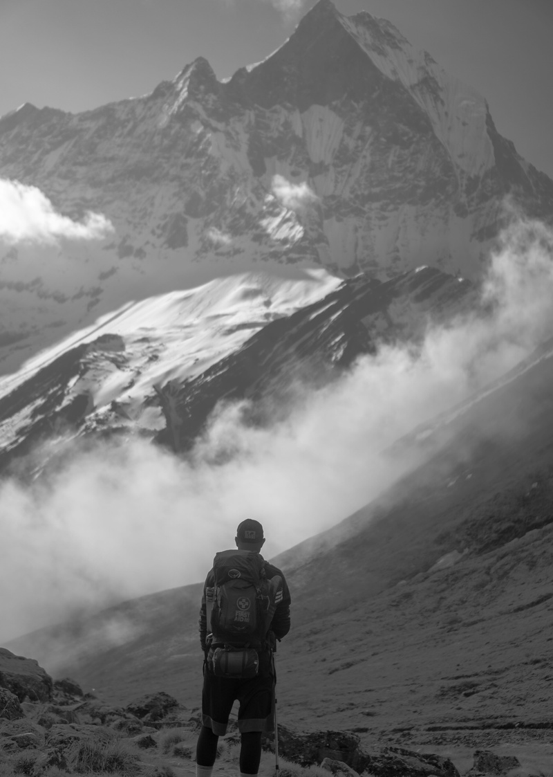 tranquil scene, hiking, jacket, peak, nature, mountain range, mountain, looking at view, standing, photography, men, nepal, snow, overlooking, sky, outdoors