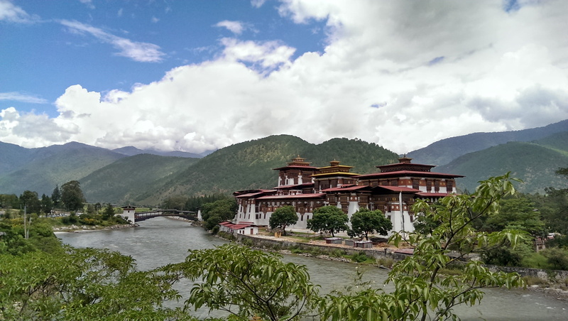 punakha dzong, religion, building, tree, 2K, water, sky, asia, reflection, punakha, forest, built structure, mountain range, travel, painted, scenics - nature