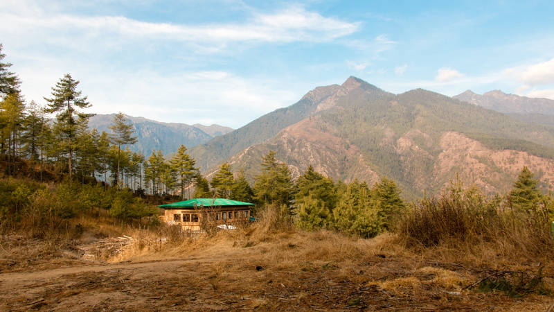 mountain range, tranquility, hut, outdoors, hill, tranquil scene, scenics - nature, pine tree, bhutan, 5K, tree, beauty in nature, built structure, cloud - sky