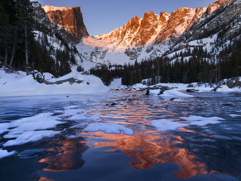 snow, Sunrise, body of water, outdoors, frozen, near, winter, scenics, zuiko, reflection, water, body, Dream Lake, covered, brown, 2K, rocky mountain national park