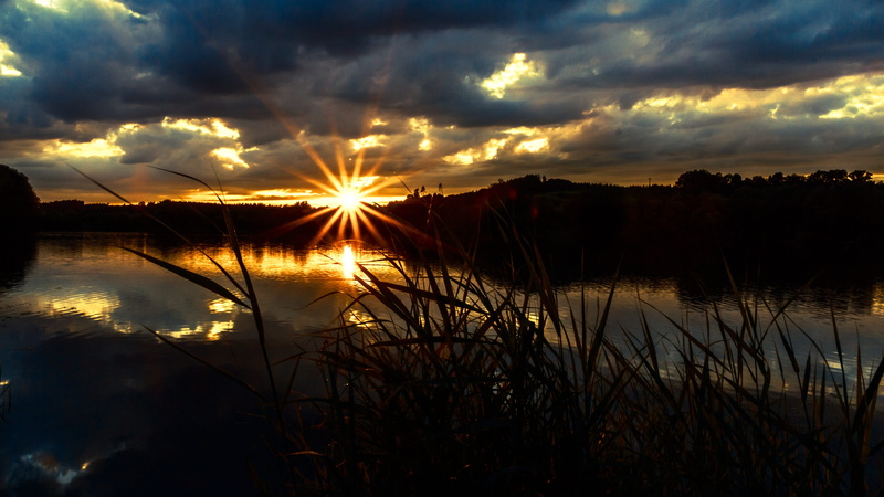 silhouette, sunlight, sun, water, outdoors, dark, dramatic sky, backlighting, nature, no people, non-urban scene, lighting, morgenstimmung, plant, reflection