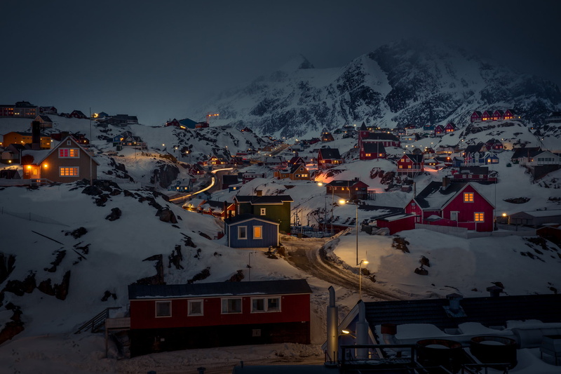 ice, europe, snow, illuminated, travel Destinations, building, lights, Greenland, architecture, house, sky, hill, village, building Exterior, tourism, cold - Temperature