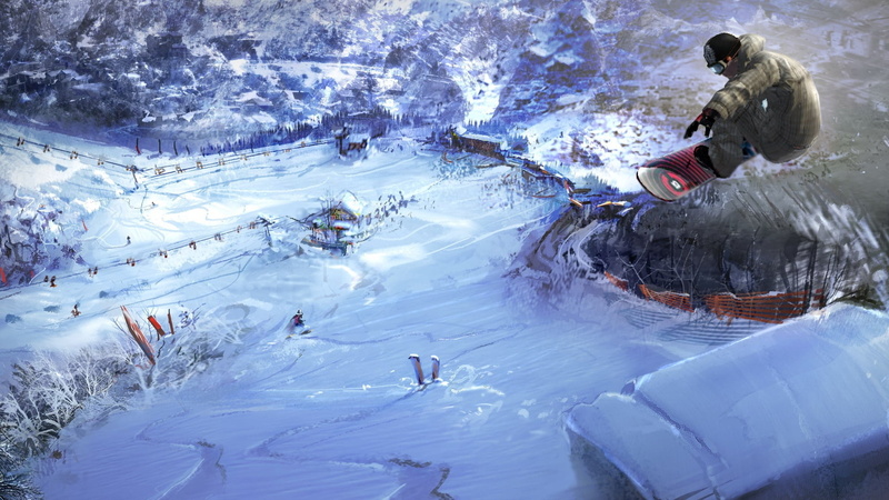 high angle view, day, village, ice, snowcapped mountain, descent, speed, snowboard, skiing, lifestyles, outdoors, travel Destinations, people, group of people