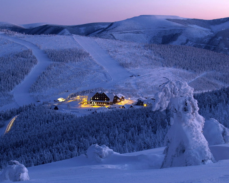 tourist Resort, cold temperature, illuminated, skiing, cold - Temperature, tranquility, non-Urban Scene, houses, frozen, light, winter, land, sky, ice