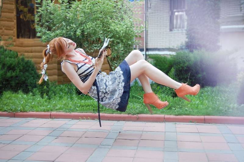 architecture, redhead, hair, nature, emotion, books, Alina Kovalenko, casual clothing, Flying, young women, dress, heels, leisure activity, full length
