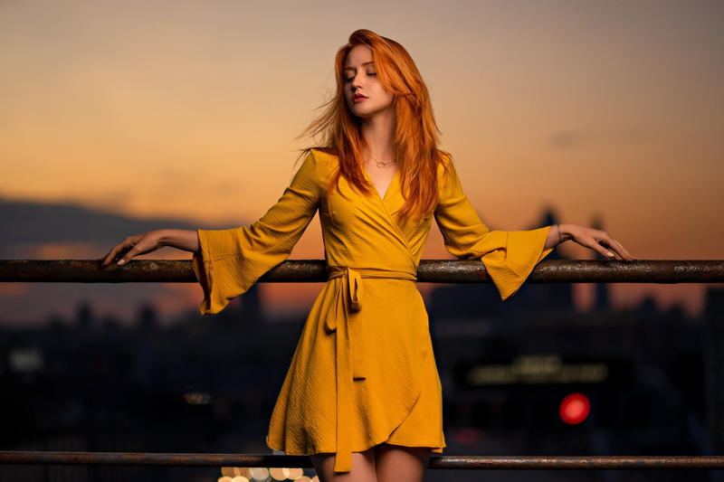 model, yellow dress, looking away, Yellow clothes, red lipstick, 2K, standing, long hair, dress, redhead, yellow clothing, Ilya Pistoletov, women