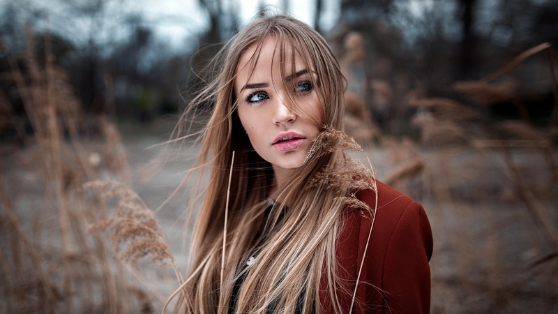 depth of field, women, 1080P, long hair, Peter Paszternak, portrait, Maria Puchnina, looking away, blonde, blue eyes