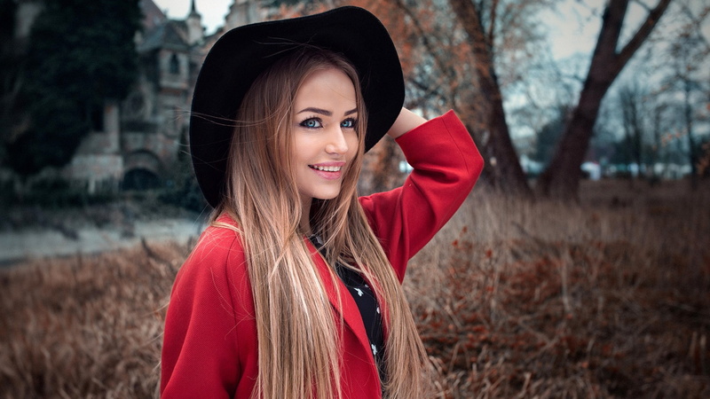 makeup, brown hair, 1080P, in red, hairstyle, hat, smile, background, model, is, coat, portrait, bokeh, trees, Mary Jane, nature, pose, beauty, Peter Paszternak
