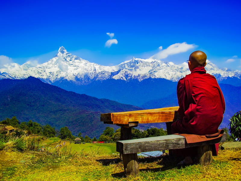 sky, monk, red, annapurna range, robe, adults only, landscape, snow, monk in himalaya, winter, men, wearing, snowcapped mountain, mountain range, rear view
