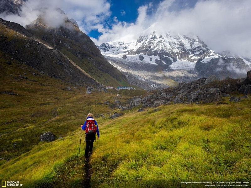 beauty in nature, photo, lifestyles, annapurna, adventure, mountain, outdoors, cloud - sky, land, majestic, snowcapped mountain, hiking, sky, national