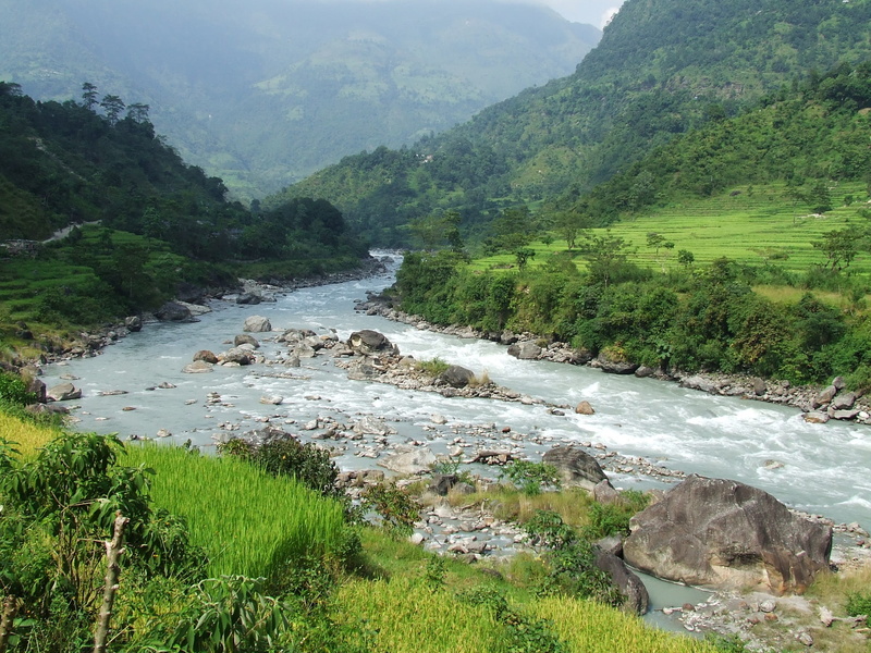tranquil scene, nepal, mountain, flowing, mountains, rocks, non-urban scene, river, stones, plant, environment, idyllic, land, trekking, day, beauty in nature