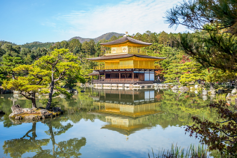 place of worship, trees, moutain, pagoda, gold temple, 5K, no people, blue, building exterior, lake, temple, spirituality, plant, architecture, famous