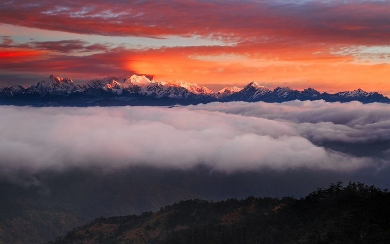 sunset, peak, landscape, moutain, snowy peak, 480P, clouds, cumulus, mountain, nature, mist, snowy