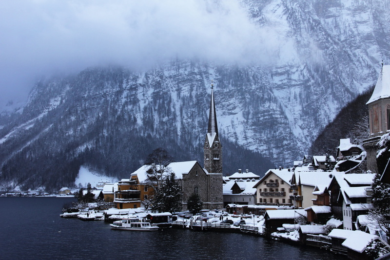 mountain, cap, no people, scenics - nature, lake, building exterior, tree, cold temperature, built structure, building, Winter, town, moutain, church, architecture
