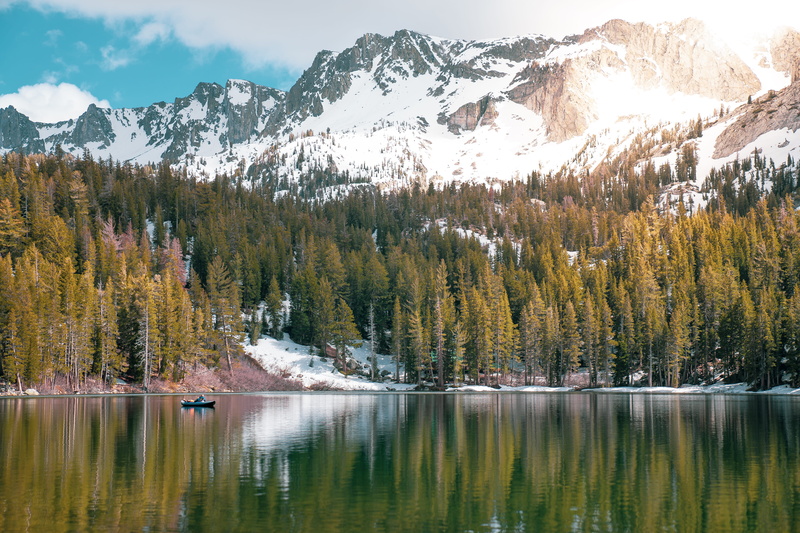 tree, scenics - nature, reflecting, idyllic, water, lake, plant, landscape, nature, trees, sky, reflection, boat, hiking, lifestyle, snowcapped, surrounded